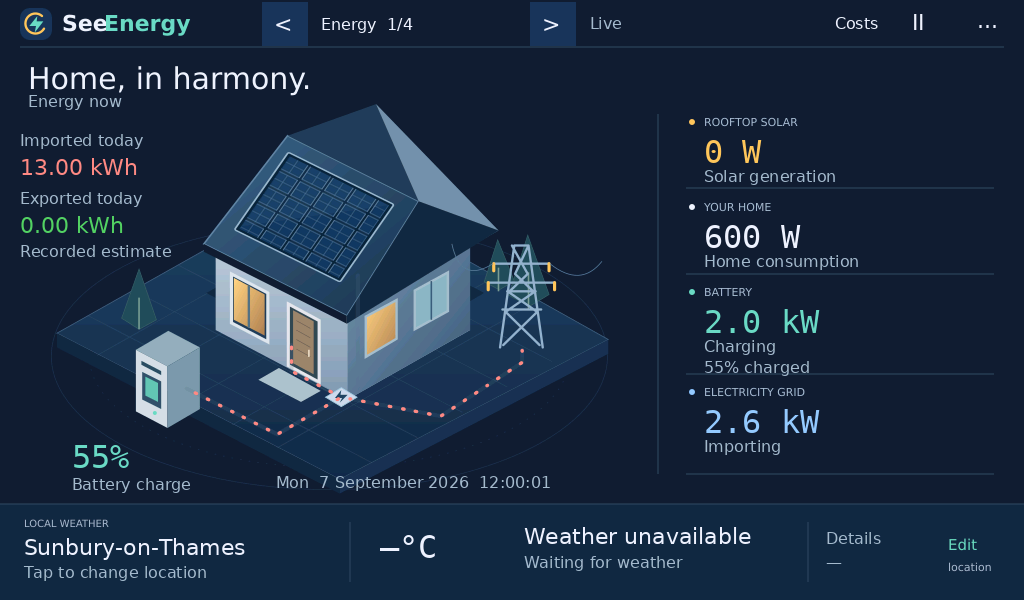 SeeEnergy Display interface preview with sample grid-to-home and battery charging, and a prominent 55 percent battery reading.